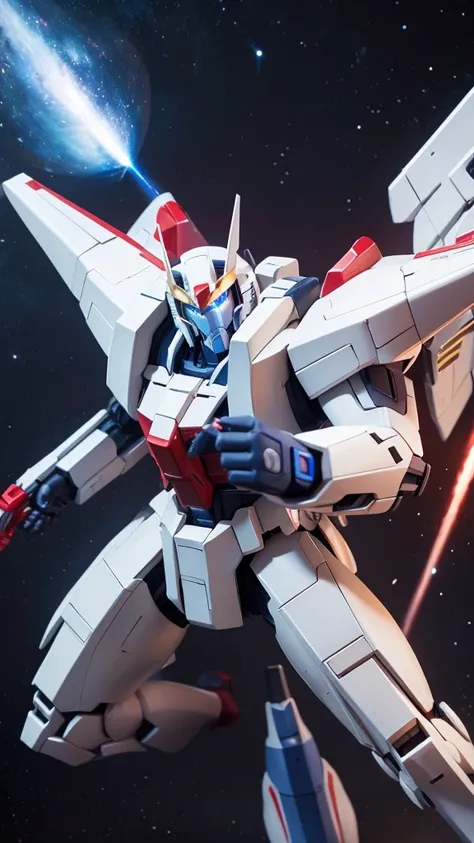 universe、Fierce battle with the enemy、Mobile Suit、White body with blue, red and gold accents、