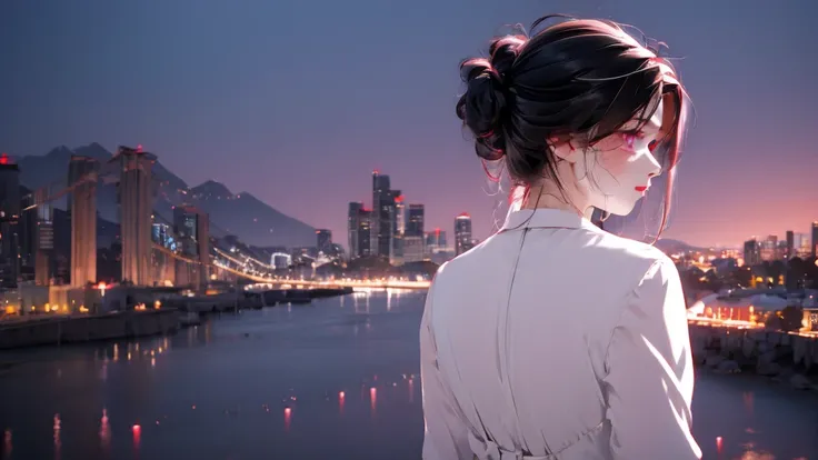 1 girl, medium light black hair, light pink eyes, wearing white suit,night city, absurdres, high res, ultrasharp, 8K, masterpiece, looking from behind