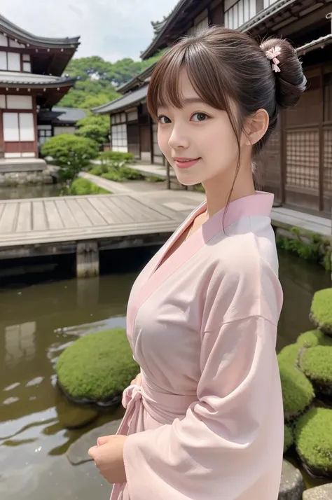 Japanese women、26 years old、princess、Hairpin、Bun Head、Pink kimono、Brown Hair、bangs、(RAW shooting, Photorealistic:1.5, 8k, highest quality, masterpiece, Ultra-high resolution), ((The background is the streetscape of the Edo period.、Old house、River side、))、F...