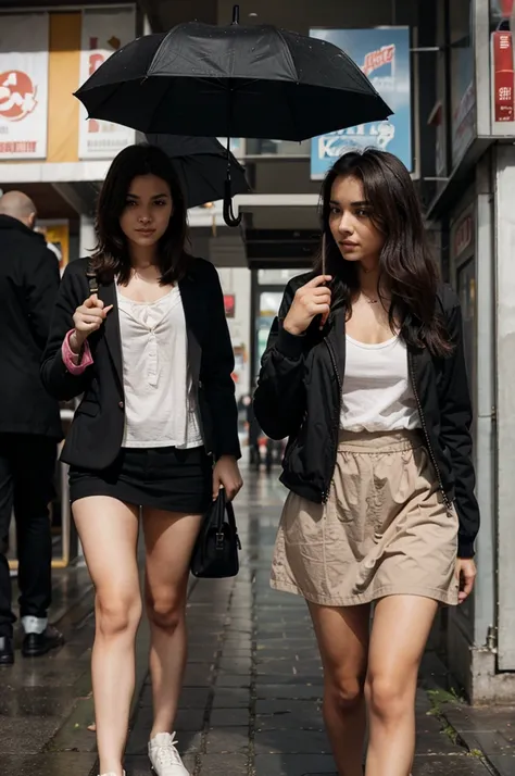 Man holding umbrella for two girls