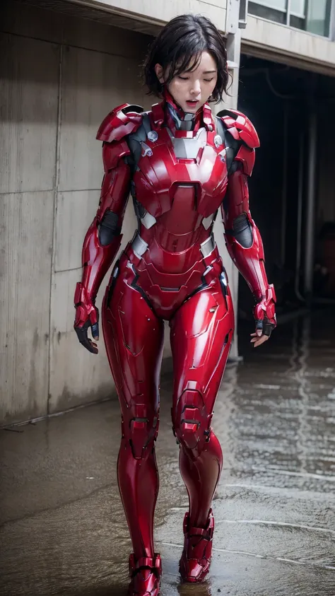 highest quality　8k red armor　iron man suit　middle-aged women　　sweaty face　　short hair　　steam coming out of my head　my hair is we...