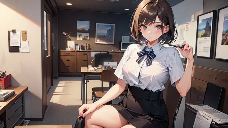 (((1 girl))), masterpiece, highest quality, Ultra-realistic 8k CG, Perfect artwork, Image of a perfect woman, Perfect hands,((Cowboy Shot)) ,Medium Bob,(During lunch break),((Sit on a chair)),In the office,Ash Brown Hair,fine,I like it,colleague,Office cas...