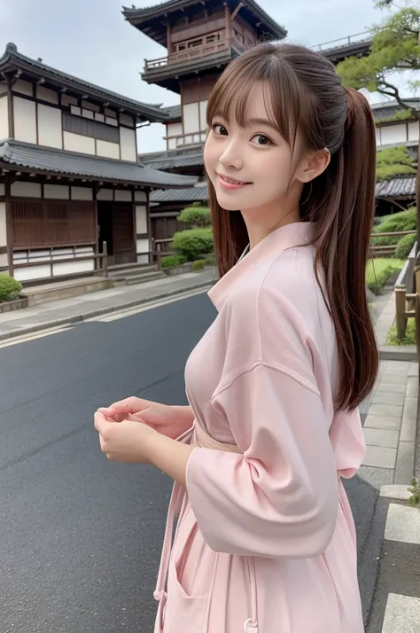 Japanese women、26 years old、princess、Hairpin、Bun Head、Pink kimono、Brown Hair、bangs、(RAW shooting, Photorealistic:1.5, 8k, highest quality, masterpiece, Ultra-high resolution), ((The background is the streetscape of the Edo period.、Old house、))、Farmer、Rural...