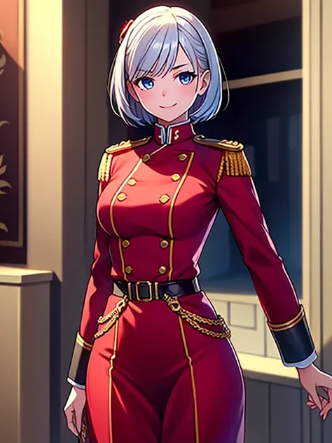 8K High Resolution、(((masterpiece)))、Anime Art、20 year old beauty、Fearless smile、Redhead short cut、167㎝、Small breasts、Blue Eyes、Imposing eyebrows、(((crimson military uniform)))、Vienna in the late 19th century、Austrian Army Officer、Silver rose ornament on c...