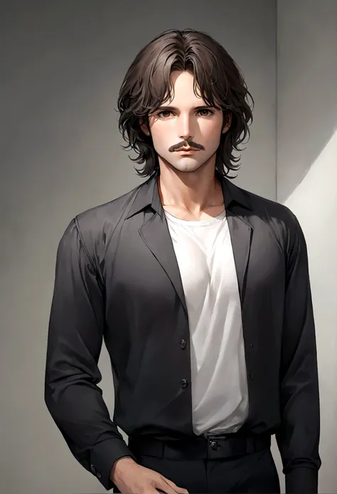 (traje de etiqueta para hombre), ), ((barba y bigote estilo Van Dyke)), (light brown eyes), Aspecto atractivo y serio, cabello largo oscuro, messy hair, Elegante y con estilo, Camiseta de cuerpo fuerte , Un hombre similar al actor Jim Morrison, (Imagen rea...