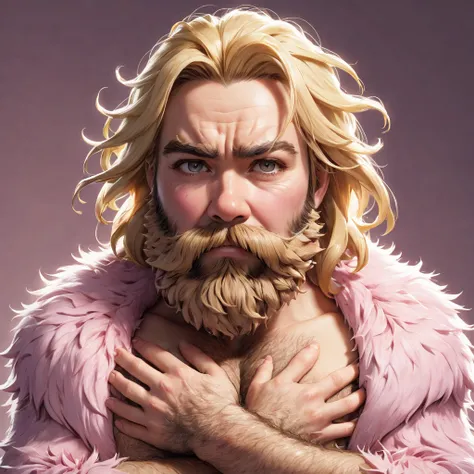 
shaggy bearded woman hairy all over, blond hair, hair on chest and hands, pink fur coat