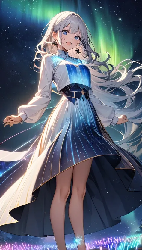 ((((Ethereal atmosphere, starry sky))), 1girl, singing, (standing pose), ((celestial clothing)), (silver hair), (glowing blue circuits), (long sleeves), (glowstick), (tiny stars around head), (starry background), (cosmic lights in the sky), (sparkling blue...