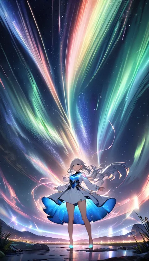 ((((Ethereal atmosphere, starry sky))), 1girl, singing, (standing pose), ((celestial clothing)), (silver hair), (glowing blue circuits), (long sleeves), (glowstick), (tiny stars around head), (starry background), (cosmic lights in the sky), (sparkling blue...