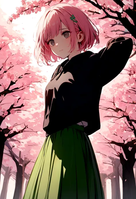 cherry blossom pink short hair, black eyes with no pupil, 1girl, Black japanese hoodie, Green Skirt, No emotions Showing, cherry blossom with hint of green hairpin