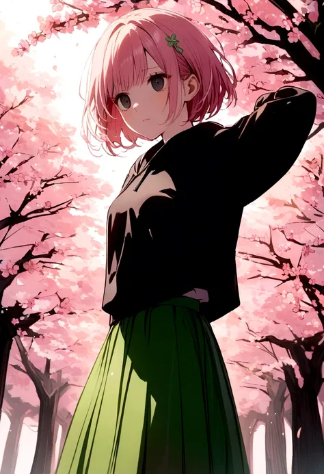 cherry blossom pink short hair, black eyes with no pupil, 1girl, Black japanese hoodie, Green Skirt, No emotions Showing, cherry blossom with hint of green hairpin