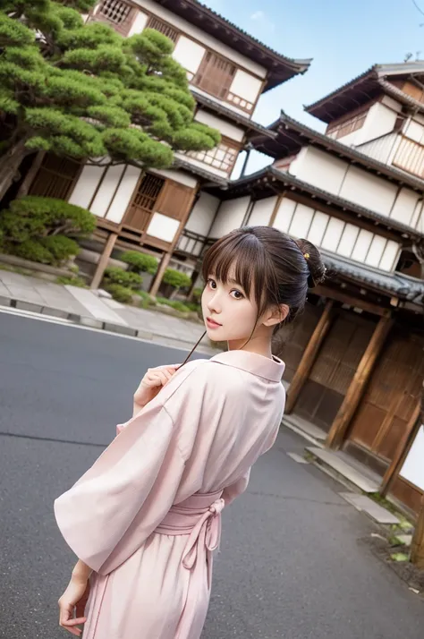 Japanese women、26 years old、princess、Hairpin、Bun Head、Pink kimono、Brown Hair、bangs、(RAW shooting, Photorealistic:1.5, 8k, highest quality, masterpiece, Ultra-high resolution), ((The background is the streetscape of the Edo period.、Old house、))、Farmer、Rural...