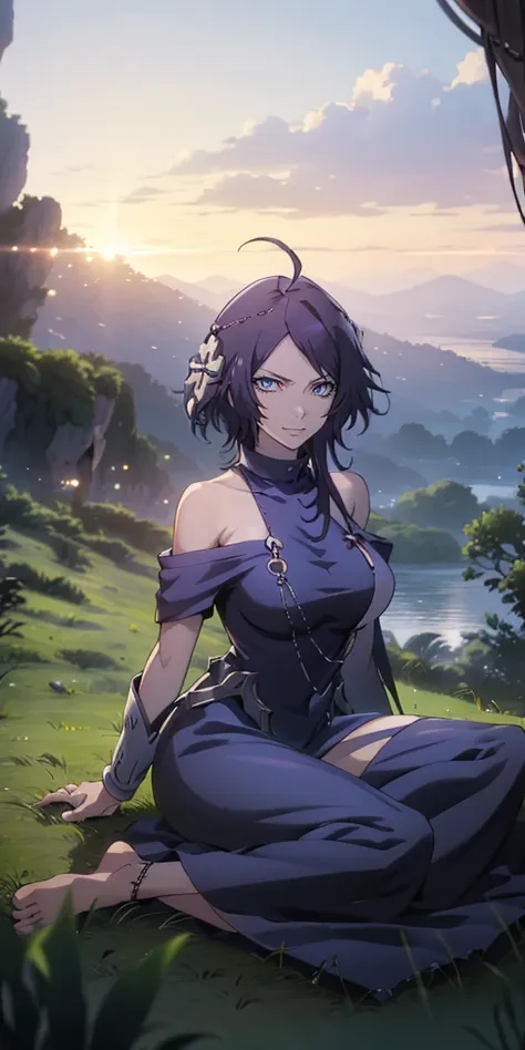 mc, ahoge, (long hari, purple hair:1.3), hair ornament, dark-blue eyes, breasts, epic art, fantasy, 1girl, grass, solo, barefoot...