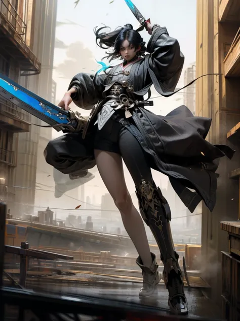 cityscape, beautiful detailed sky, boots, holding sword, fighting_stance, black hair, medium hair, male, science_fiction, cityscape, masterpiece,best quality,official art,extremely detailed CG unity 8k wallpaper, In a sci-fi style city, a Chinese swordsman...