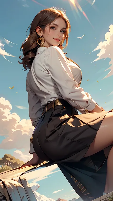 White long sleeve button up blouse_With collar_Remove up to the second button＿Brown pleated mini skirt、Long straight hair_Hair reaching down to the waist、gold necklace＿Large earrings、shy smile、sitting with her back to the top of the mountain_with blue sky ...