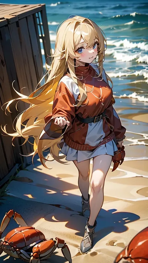 (A cute girl with long hair walking with a crab）
(A long-haired blonde girl walking around with a crab）
