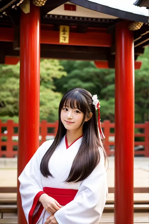 Red hakama, red Japanese style pants, red lower body, Main hall of the shrine, Shrine maiden, ((full body)), ((photo)), ((best qualtiy, 8K, tmasterpiece: 1.3)), Focus: 1.2, perfect figure beautiful girl: 1.4, 1girl, cowboy shot, look at viewer, incredibly ...