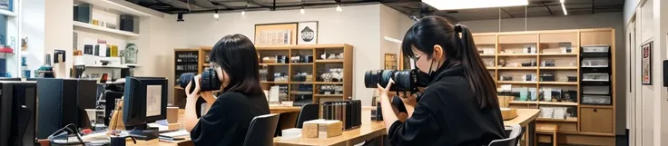 ・Small camera shop ・Back office work ・Japanese woman ・Photographing cameras and lenses ・Product packaging