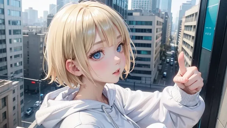 profile, blonde、short hair、girl 1、close up of face、city、composition from above、fashion、blonde hair、Short Mash Hair、、wearing a plain white hoodie、wearing black sneakers、turquoise eyes、black shorts、Making a thumbs up gesture,That&#39;s a nice tooth,Expressiv...