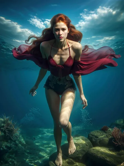 (YES SFW), Hermosa joven Margaret Qualley, 56 years old, tono de piel blanca, anteojos, 24 year old black jacket sitting on a rock, Beautiful woman slim thin figure, with red veil floating in the water, sunset, hyperrealistic, wavy hair, long legs, 8K, ult...