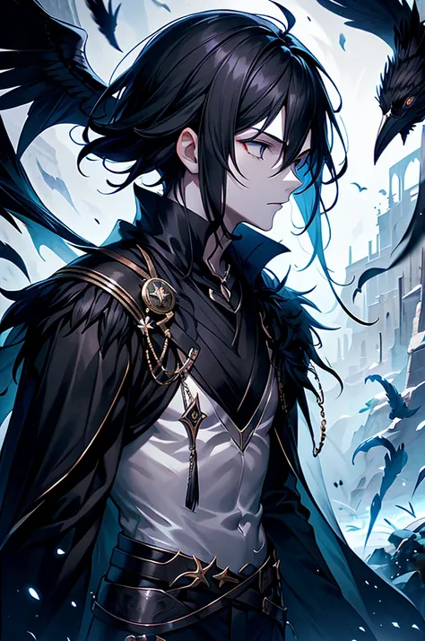 1 boy, black hair, black eyes, black feather jacket, crow, fantasy, side view, hand forward, handsome, white skin, dark fantasy,...