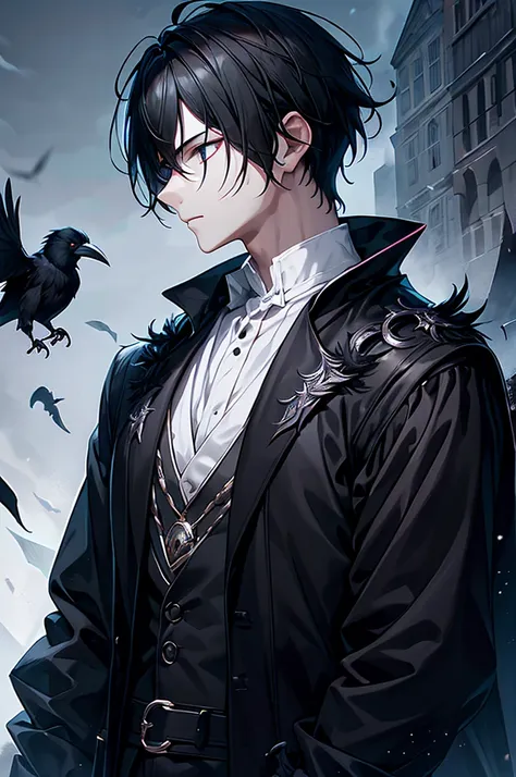 1 boy, black hair, black eyes, black feather jacket, crow, fantasy, side view, hand Forward, handsome, white skin, dark fantasy, dark forest