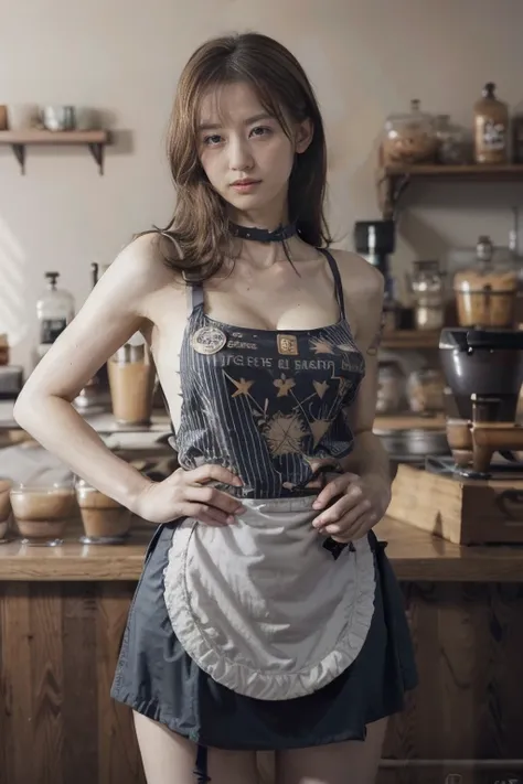 Ruined city, battlefield, ruins, Smoke, Damaged Giant, Full body portrait，(((original p hot o)))，A sexy girl working at the counter in a cafe，34-26-36 is an hourglass figure,(Barista Apron、Long Apron、stripe、pattern、badge、pattern:1.5)，Rim Light， clavicle， P...