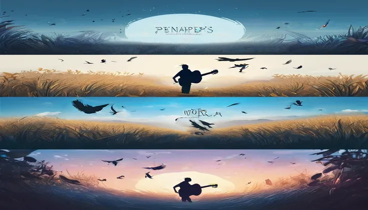 Create a professional, fantastic, cinematic Youtube Banner for a brand about music and stories called " Penamemoria". Masterpiece, 4k, sharp focus, highest quality,wide shot. Imagine a half a feather, half a fantasy boy. The title is " Penamemoria". Is a b...