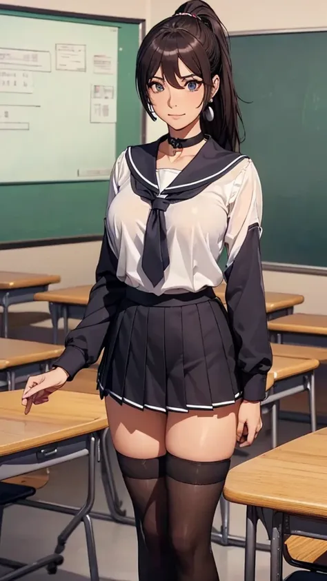 (((highest quality, High resolution, , Pixel Perfect, 4K))),((Correct Anatomy))、((School classroom))、((school uniform))), ((highest quality)), ((Complex and detailed)), ((Black knee-high socks)), ((Mini Pleated Skirt))、An absurd solution, Mature Woman, Mat...