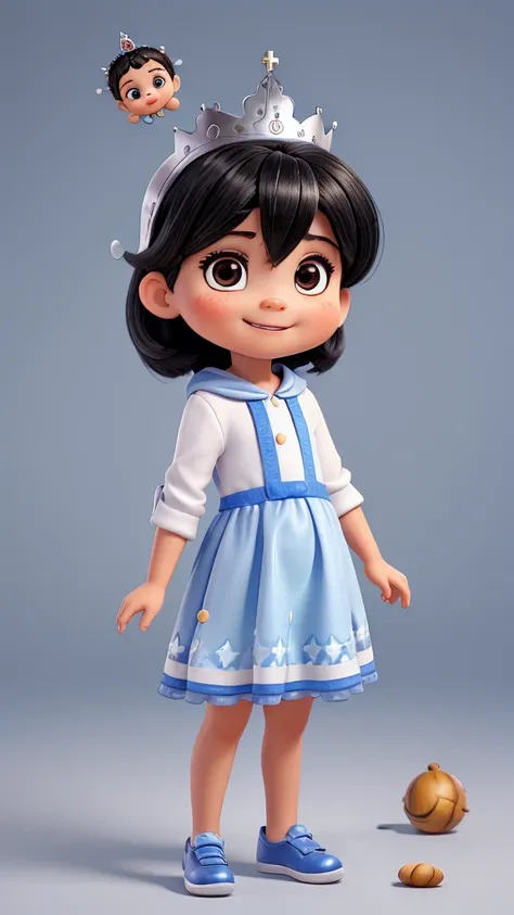 Create an image of a 1 year old baby with black hair, olhos castanhos, sorriso feliz usando vestido azul com cauda longa, standing wearing silver shoes. Wearing a silver crown on her head. With hand holding a flake of ice
