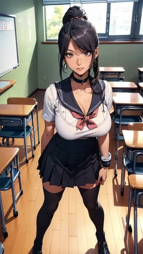 (((highest quality, High resolution, , Pixel Perfect, 4K))),((Correct Anatomy))、((Sailor suit))、(((School classroom))), ((highest quality)), ((Complex and detailed)), ((Black knee-high socks)), ((Mini Pleated Skirt))、An absurd solution, Mature Woman, Matur...