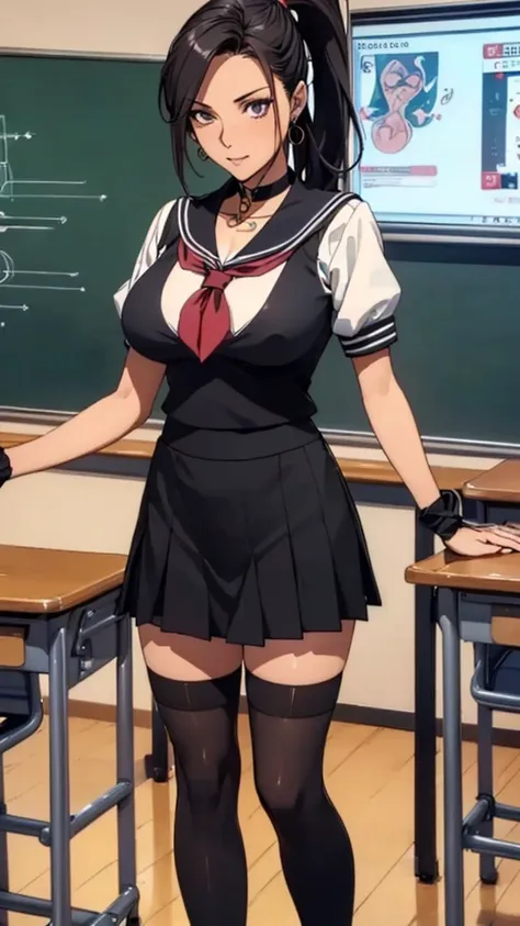 (((highest quality, High resolution, , Pixel Perfect, 4K))),((Correct Anatomy))、((Sailor suit))、(((School classroom))), ((highest quality)), ((Complex and detailed)), ((Black knee-high socks)), ((Mini Pleated Skirt))、An absurd solution, Mature Woman, Matur...