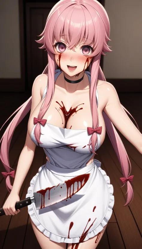 1girl, breasts, nipples, blood, solo, pink_hair, knife, long_hair, apron, naked_apron, yandere, holding_knife, looking_at_viewer, choker, open_mouth, pink_eyes, black_choker, blood_on_face, indoors, smile, hair_bow, blood_on_knife, bow, empty_eyes, blood_s...