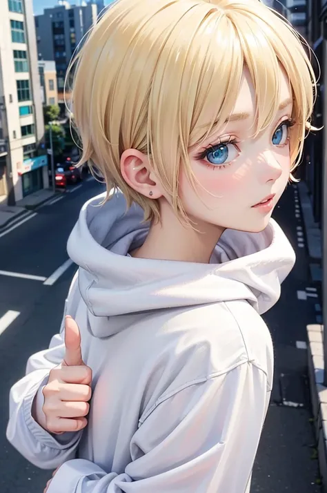 profile, blonde、short hair、girl 1、close up of face、city、composition from above、fashion、blonde hair、short mash hair、、wearing a pl...