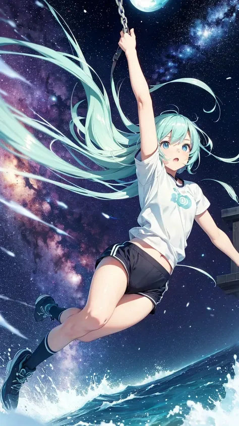 Girl swinging next to Neptune in the universe