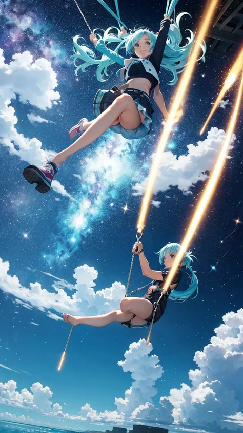 Girl swinging next to Neptune in the universe