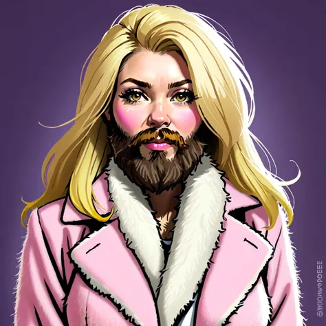 
shaggy bearded woman hairy all over, blond hair, pink fur coat