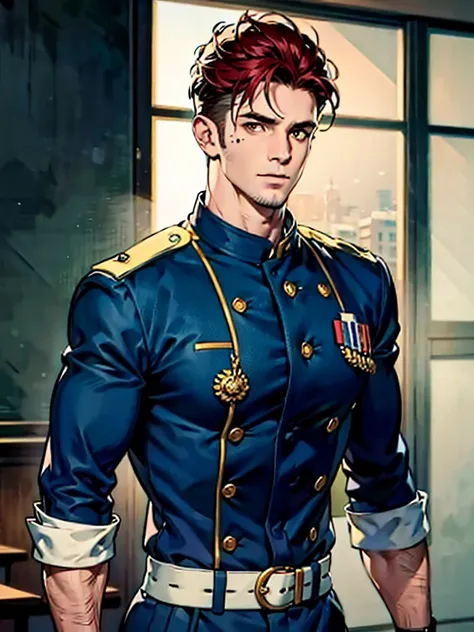 a 35 year old man with red short hair, grey eyes, moles all over the body, wearing an official uniform, portrayal of masculinity, teacher, medic, best quality, 4k, 8k, highres, masterpiece, ultra-detailed, realistic, photorealistic, photo-realistic, cinema...