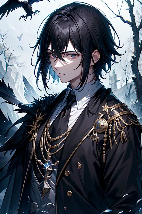 1 boy, black hair, black eyes, black feather jacket, crow, fantasy, side view, hand Forward, handsome, white skin, dark fantasy, dark forest, norse mythology, forest, short hair, teen, look at view