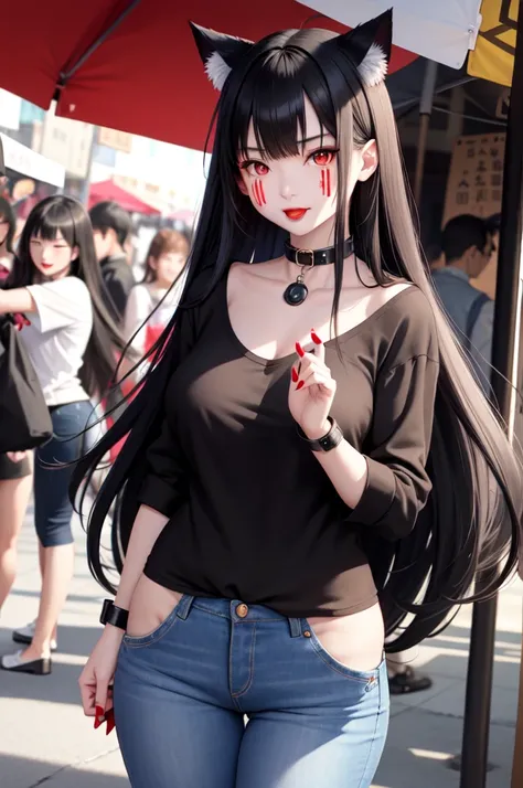 细致的Facial details，1 girl、Cat ear，Black long hair,red lips，Slim，Wearing a shirt，jeans，Large Breasts，Two hands，Two Legs，Charming red eyes,，handcuffs，collar，Radiant Skin，Facial details，Night scene street market