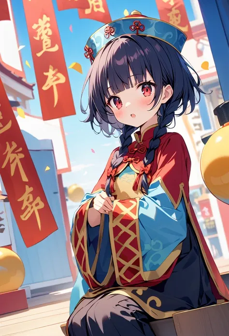 cute young jiangshi girl, alone, twin braids and blunt bangs frame her red eyes.. she、wearing a blue crown decorated with bills ...