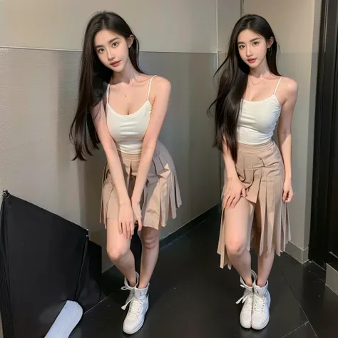 (Oversized T-shirt with excess fabric when tucked into a skirt), (Skirt full thigh), (knee-length outfit), (hair curled on both sides), (center shoes shot), ((full-body standing image)), (cover knee), (white t shirt), (Scottish pleated skirt), (bare should...