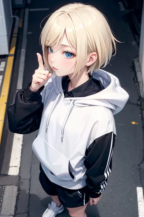 profile, blonde、short hair、girl 1、close up of face、city、composition from above、fashion、blonde hair、Short Mash Hair、、wearing a plain white hoodie、wearing black sneakers、turquoise eyes、black shorts、Making a thumbs up gesture,That&#39;s a nice tooth,Expressiv...