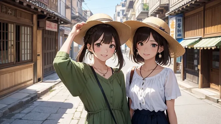 Nara Street、Ancient city、Women in their teens to 40s、(stylish, Dress relaxed、Boater hat、Small shoulder bag)Spring-like adult woman、/(Light brown hair)bangs、cheek(Dark Eyeasterpiece 1.2)Delicate illustrations with attention to detail、 (Ancient capital:1.2) ...