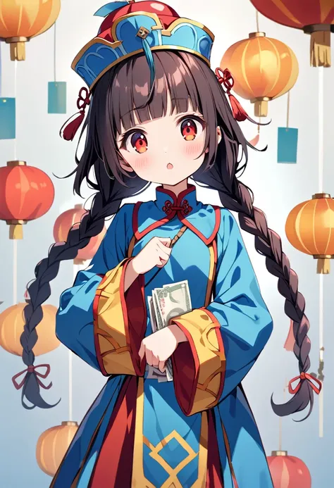 Cute young Jiangshi girl, alone, Twin braids and blunt bangs frame her red eyes.. she、Wearing a blue crown decorated with bills and traditional Chinese costume。. she小さな牙をむき出しにして爪を立てるポーズをとっている. 