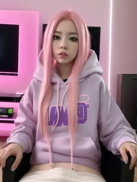 masterpiece, best quality,1girl,upper body,
 arafed woman with pink hair sitting in a chair in front of a tv, ava max, gamer aesthetic, e-girl, e - girl, thicc, pink vibe, wearing a pastel pink hoodie, with pink hair, cyberpunk vibes, wearing a pink hoodie...