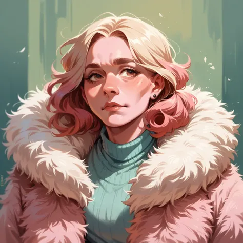 
shaggy bearded woman hairy all over, blond hair, pink fur coat