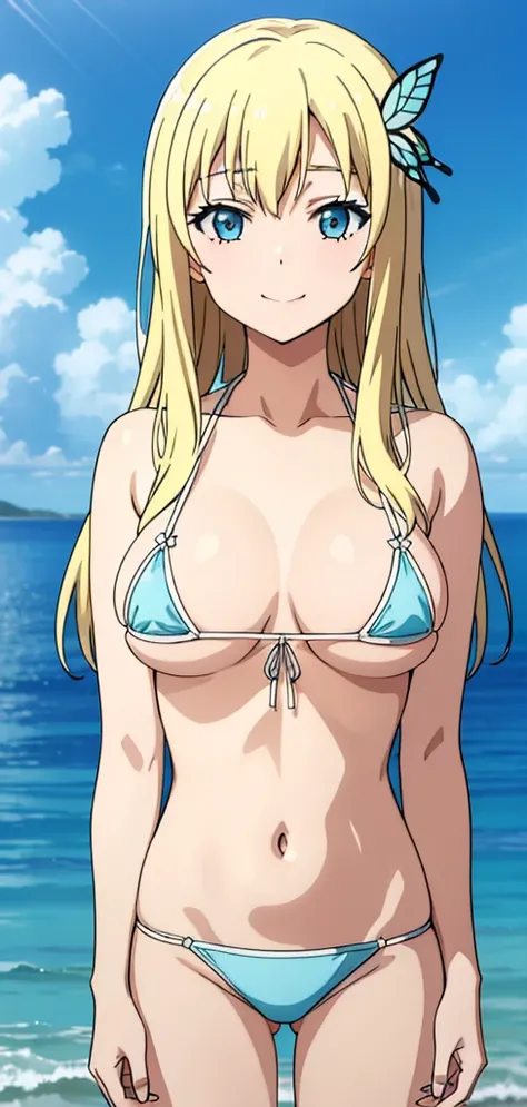 Seina Kashiwazaki, 1girl in, a blond, kindly smile, butterfly hair ornament, (medium breast), Light blue micro bikini, coverd nippple, (upper body:1.5), sea side