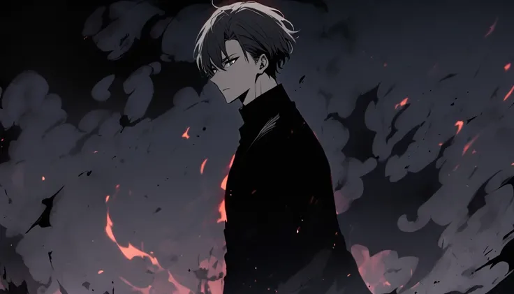 Handsome, alone, male, Short hair,, Dark gray hair, black eyes, black shirt, black pants, Black coat, black flame