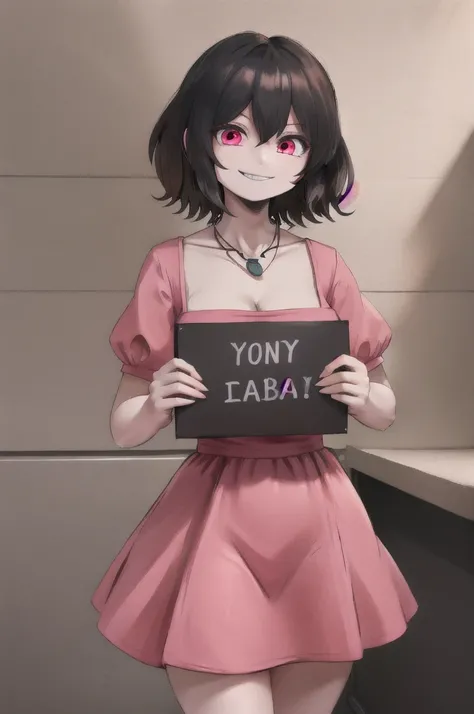 highres,  inaba tewi,  short hair, carrot necklace, short sleeves, pink dress, evil smile, holding sign, height chart,