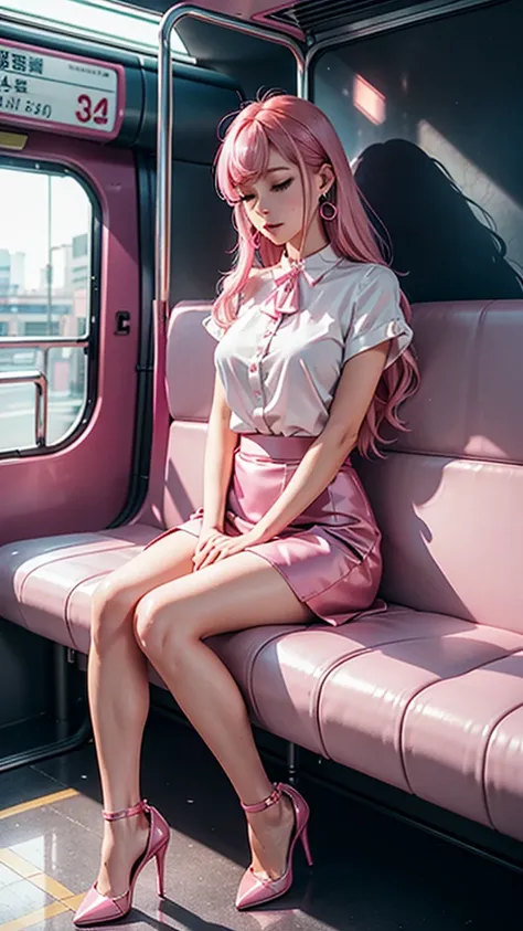 clear images、real women、pink hair,  
side tail, slender figure ,breasts are a little bigger than normal , full body shot from he...